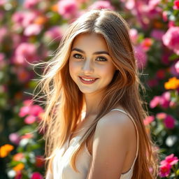 A stunning portrait of a pretty 22-year-old girl with radiant features, long flowing hair, a gentle smile, and captivating eyes