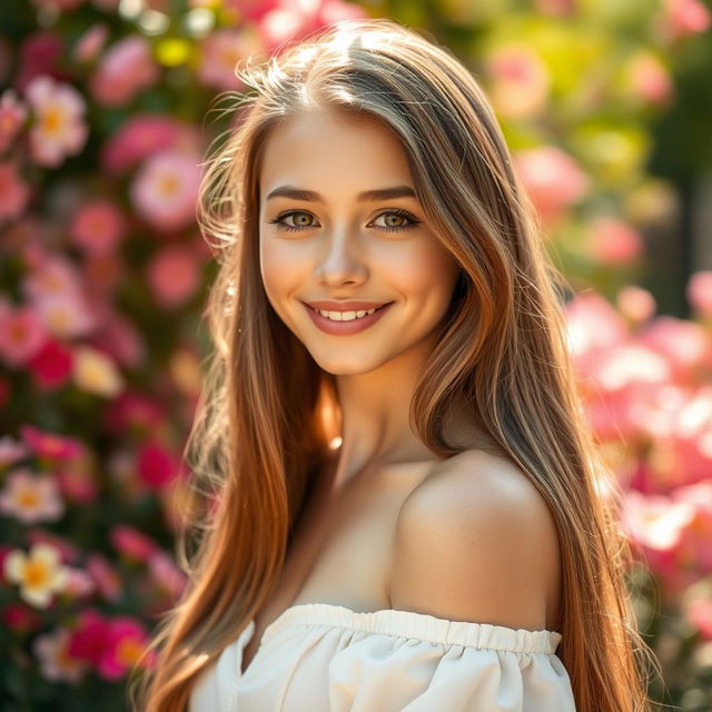 A stunning portrait of a pretty 22-year-old girl with radiant features, long flowing hair, a gentle smile, and captivating eyes