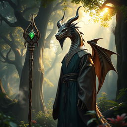 A magnificent bronze dragonborn character with a distinctive skinny tail, set against an ancient mystical forest