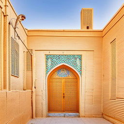 Traditional Persian house with old Iranian architecture located in Yazd, embodied by sun-baked brick walls, wind towers, and stunning stained glass windows.