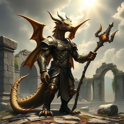 A striking bronze dragonborn character with a notably skinny tail, set against a backdrop of ancient ruins