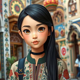 A girl with Asian features and Turkish cultural elements, showcasing unique facial features typical of both East Asian and Turkish descent