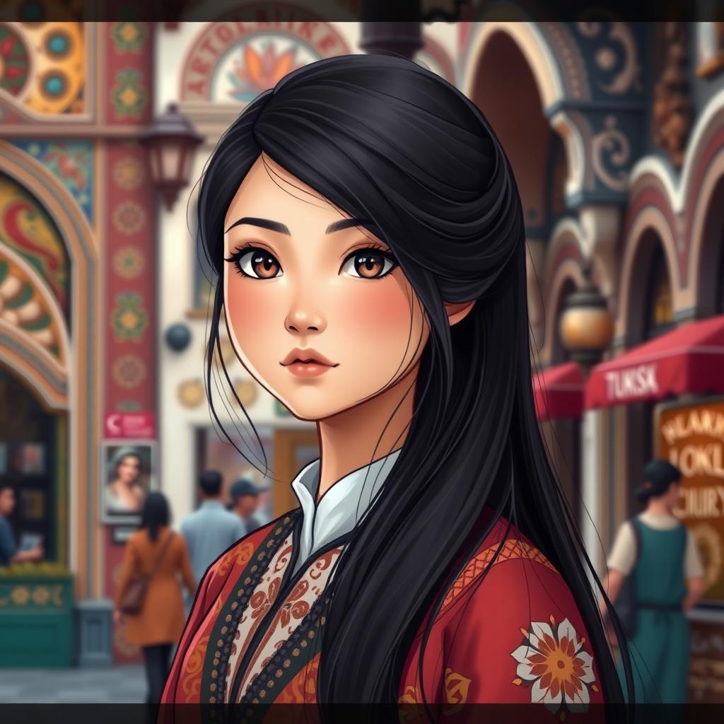 A girl with Asian features and Turkish cultural elements, showcasing unique facial features typical of both East Asian and Turkish descent