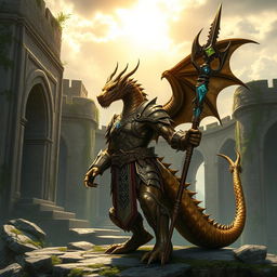 A striking bronze dragonborn character with a notably skinny tail, set against a backdrop of ancient ruins