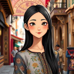 A girl with Asian features and Turkish cultural elements, showcasing unique facial features typical of both East Asian and Turkish descent