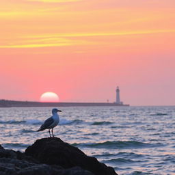 A serene coastal landscape at sunrise, with gentle waves lapping against the shore