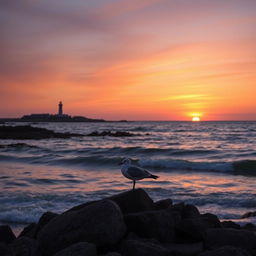 A serene coastal landscape at sunrise, with gentle waves lapping against the shore