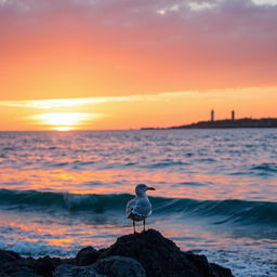 A serene coastal landscape at sunrise, with gentle waves lapping against the shore