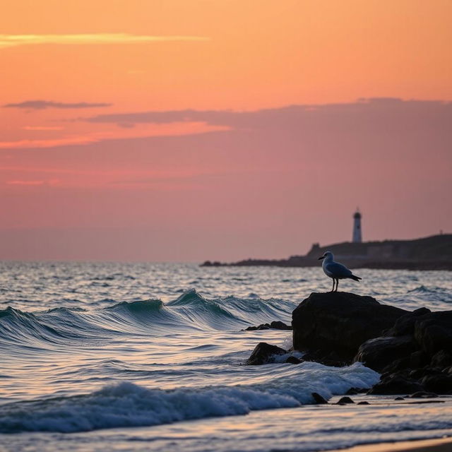 A serene coastal landscape at sunrise, with gentle waves lapping against the shore