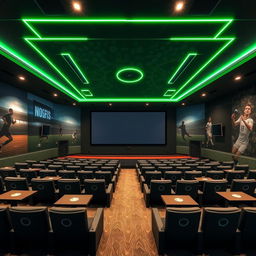 A football-themed cinema hall featuring a giant digital screen and rows of seats separated by tables