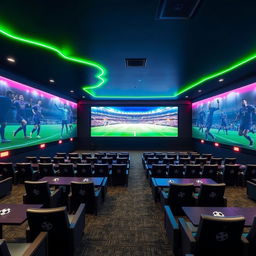 A football-themed cinema hall featuring a giant digital screen and rows of seats separated by tables