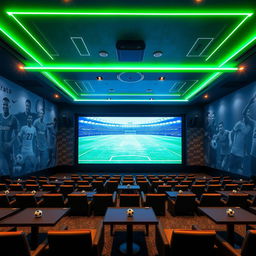 A football-themed cinema hall featuring a giant digital screen and rows of seats separated by tables