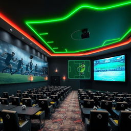 A football-themed cinema hall featuring a giant digital screen and rows of seats separated by tables