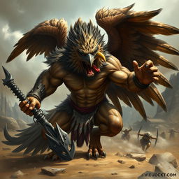 A fierce Aracocra barbarian engulfed in a wild rage, showcasing powerful muscles and robust avian features