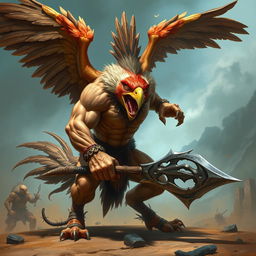 A fierce Aracocra barbarian engulfed in a wild rage, showcasing powerful muscles and robust avian features