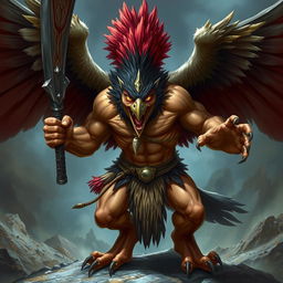 A fierce Aracocra barbarian engulfed in a wild rage, showcasing powerful muscles and robust avian features