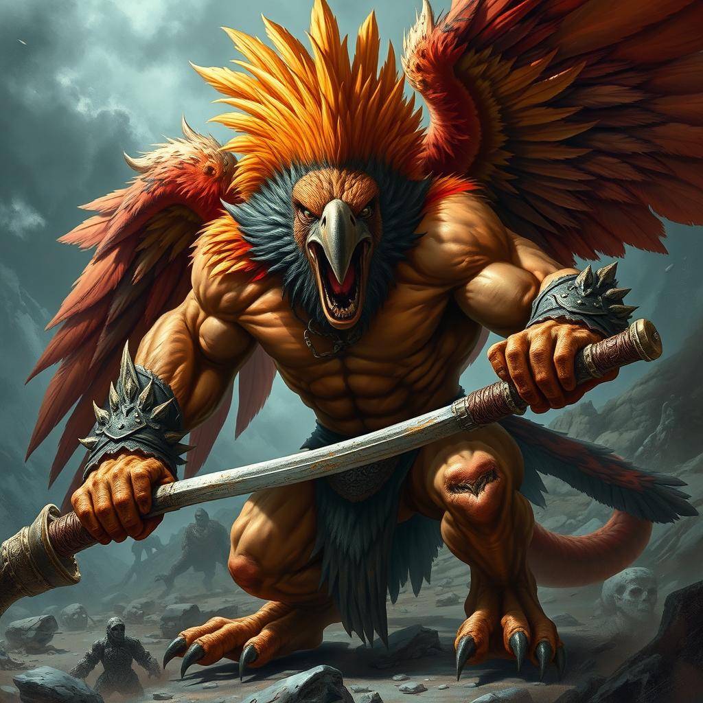 A fierce Aracocra barbarian engulfed in a wild rage, showcasing powerful muscles and robust avian features