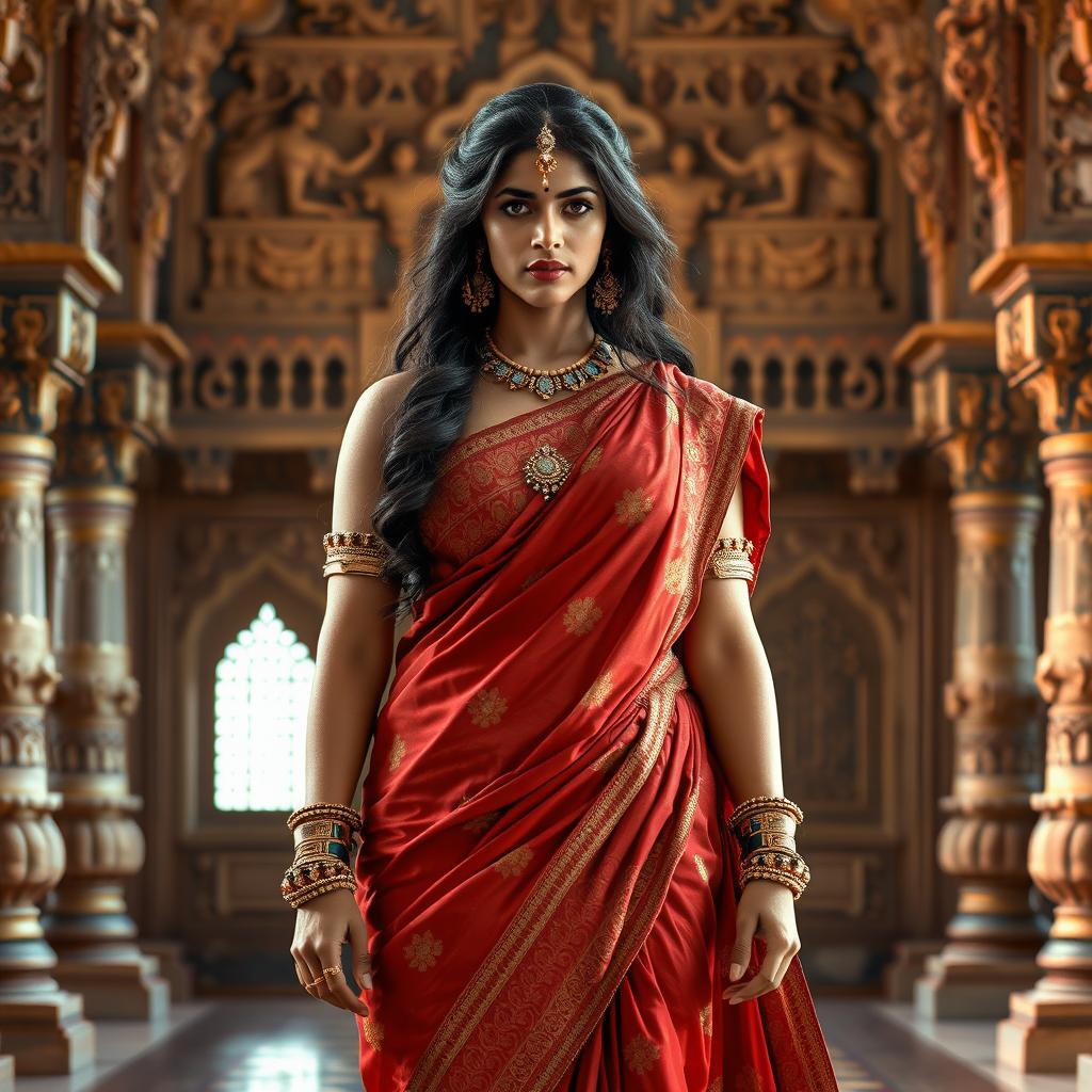 Draupadi inspired by Priyanka Chopra standing in a court setting, surrounded by a historic Indian palace architecture