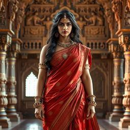 Draupadi inspired by Priyanka Chopra standing in a court setting, surrounded by a historic Indian palace architecture