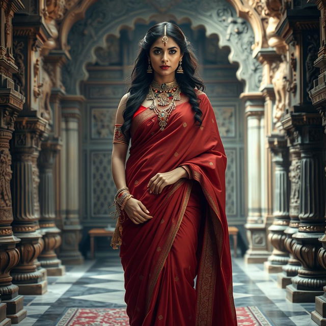 Draupadi inspired by Priyanka Chopra standing in a court setting, surrounded by a historic Indian palace architecture