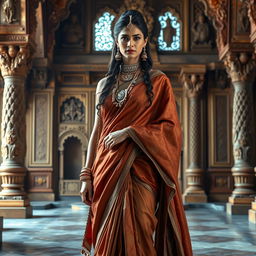 Draupadi inspired by Priyanka Chopra standing in a court setting, surrounded by a historic Indian palace architecture