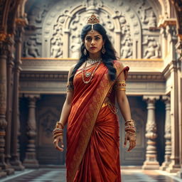 Draupadi inspired by Priyanka Chopra standing in a court setting, surrounded by a historic Indian palace architecture