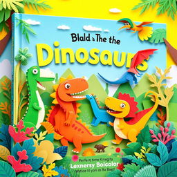 A vibrant and engaging book cover for a children's themed illustration featuring a lively and colorful paper-art style scene with various friendly dinosaurs such as T-Rex, Triceratops, and a playful Pterosaur engaging in exciting adventures