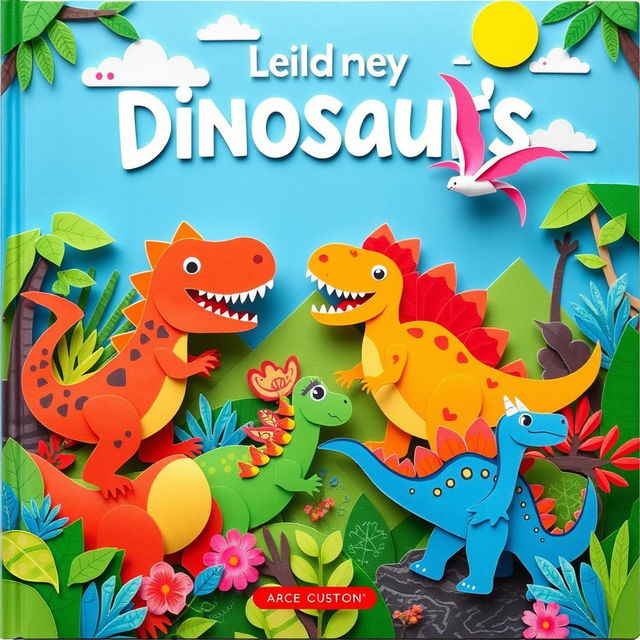 A vibrant and engaging book cover for a children's themed illustration featuring a lively and colorful paper-art style scene with various friendly dinosaurs such as T-Rex, Triceratops, and a playful Pterosaur engaging in exciting adventures