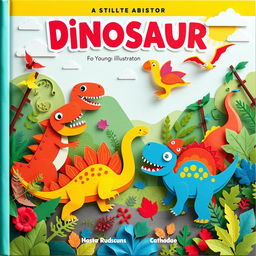A vibrant and engaging book cover for a children's themed illustration featuring a lively and colorful paper-art style scene with various friendly dinosaurs such as T-Rex, Triceratops, and a playful Pterosaur engaging in exciting adventures