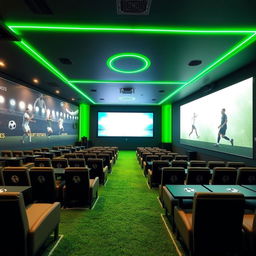 A football-themed cinema hall featuring a giant digital screen and rows of seats separated by tables