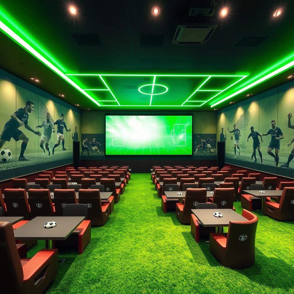 A football-themed cinema hall featuring a giant digital screen and rows of seats separated by tables