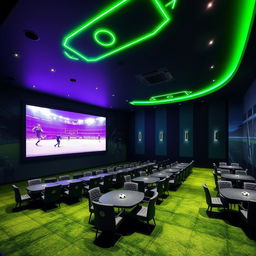 A football-themed cinema hall featuring a giant digital screen and rows of seats separated by tables