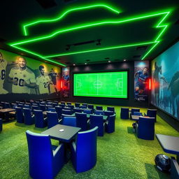 A football-themed cinema hall featuring a giant digital screen and rows of seats separated by tables