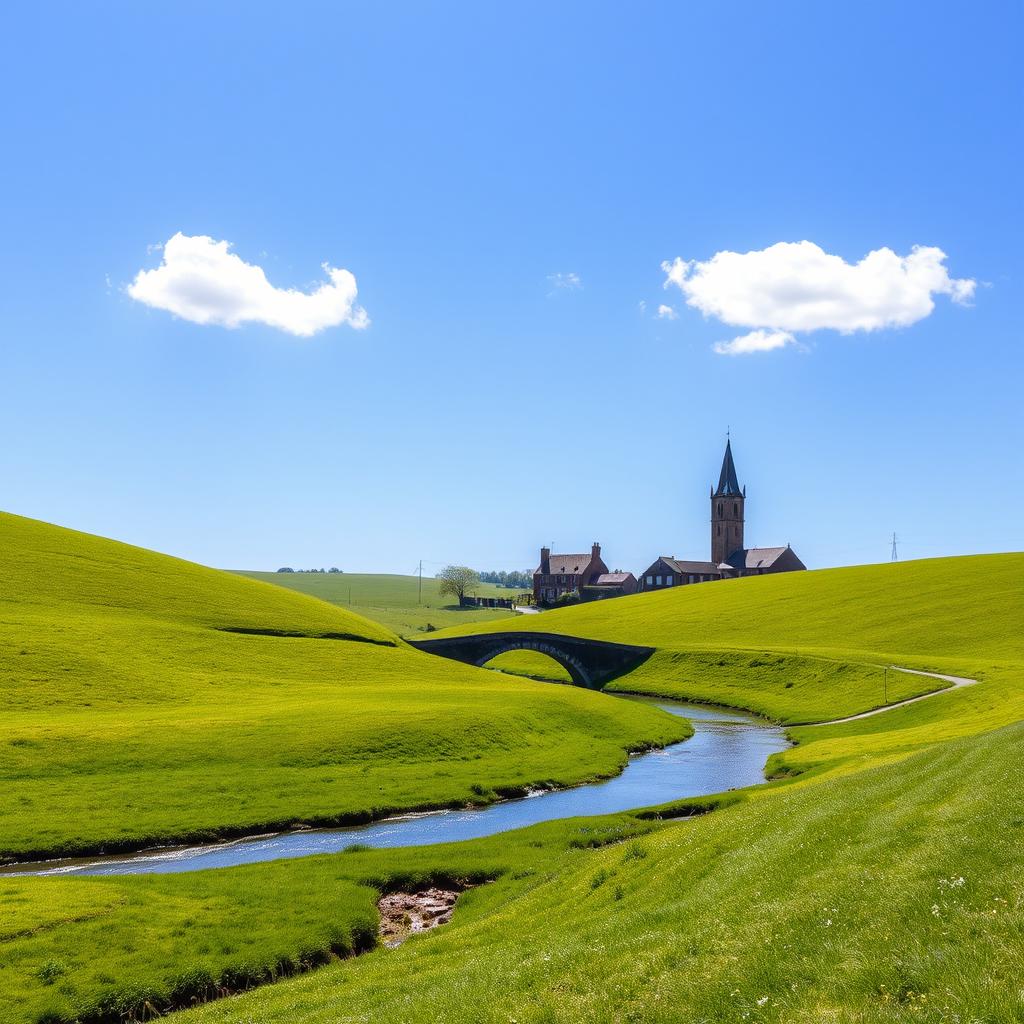 A serene and beautiful landscape featuring rolling hills covered in lush green grass under a clear blue sky