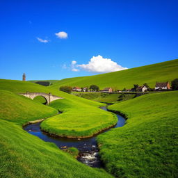 A serene and beautiful landscape featuring rolling hills covered in lush green grass under a clear blue sky