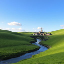 A serene and beautiful landscape featuring rolling hills covered in lush green grass under a clear blue sky