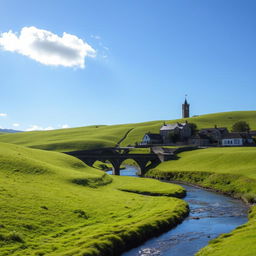 A serene and beautiful landscape featuring rolling hills covered in lush green grass under a clear blue sky