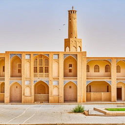 Traditional Persian house with old Iranian architecture located in Yazd, embodied by sun-baked brick walls, wind towers, and stunning stained glass windows.