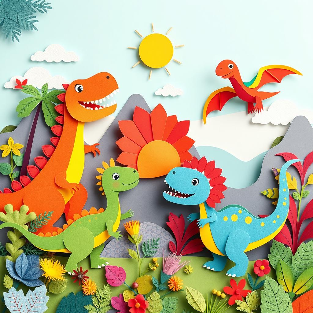 A vibrant and engaging illustration for a children's themed image featuring a lively and colorful paper-art style scene with various friendly dinosaurs such as T-Rex, Triceratops, and a playful Pterosaur engaging in exciting adventures