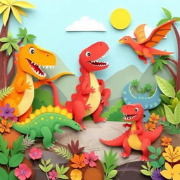 A vibrant and engaging illustration for a children's themed image featuring a lively and colorful paper-art style scene with various friendly dinosaurs such as T-Rex, Triceratops, and a playful Pterosaur engaging in exciting adventures