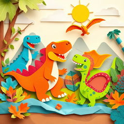 A vibrant and engaging illustration for a children's themed image featuring a lively and colorful paper-art style scene with various friendly dinosaurs such as T-Rex, Triceratops, and a playful Pterosaur engaging in exciting adventures