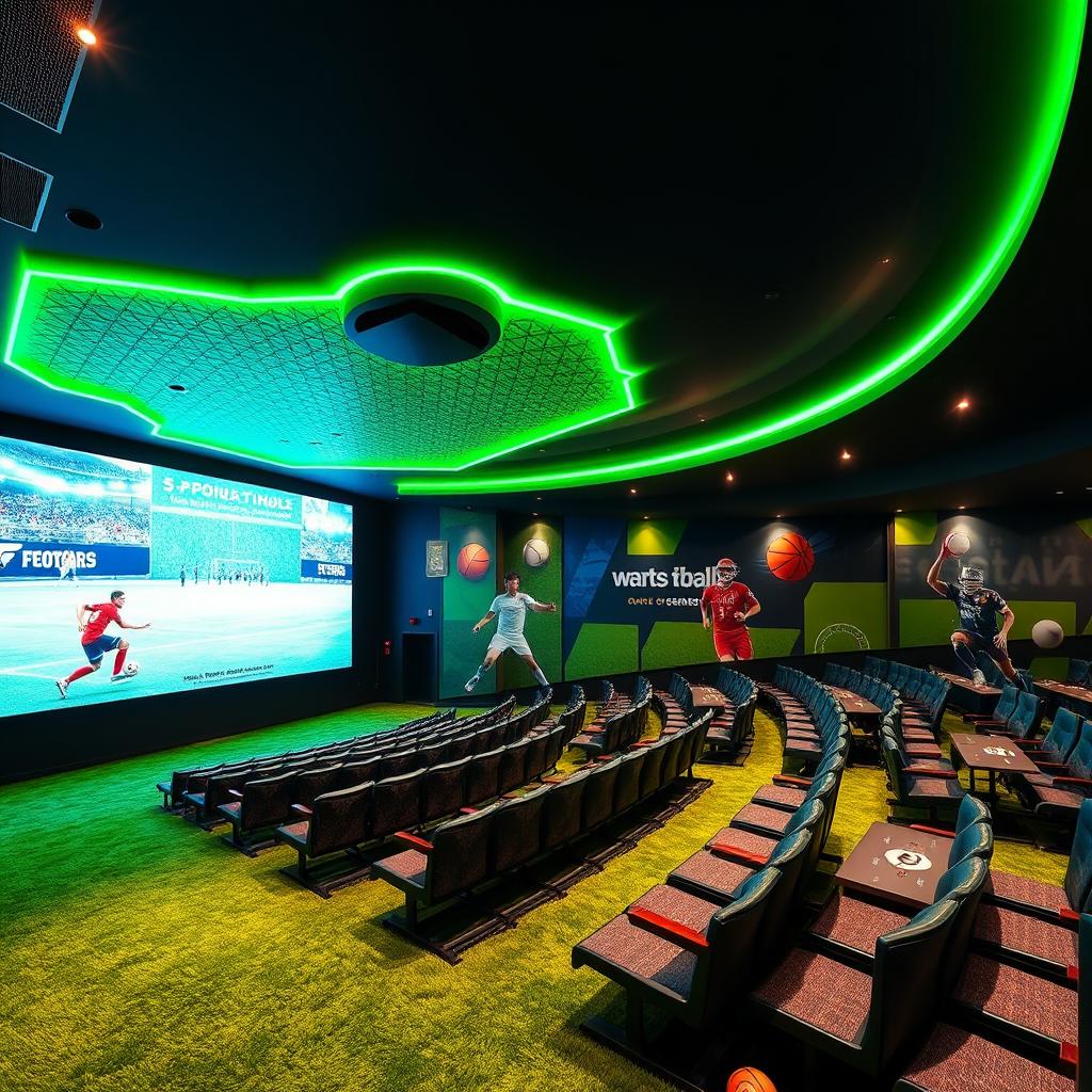 A sports-themed cinema hall featuring a giant digital screen and rows of seats separated by tables