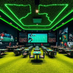 A sports-themed cinema hall featuring a giant digital screen and rows of seats separated by tables