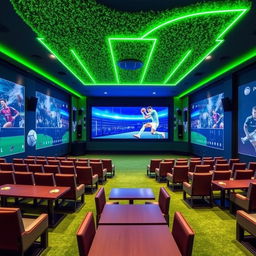 A sports-themed cinema hall featuring a giant digital screen and rows of seats separated by tables