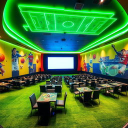 A sports-themed cinema hall featuring a giant digital screen and rows of seats separated by tables