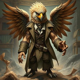 An Aracocra eagle folk character embodying both the elegance of a gentleman scientist explorer and the untamed fury of a barbarian