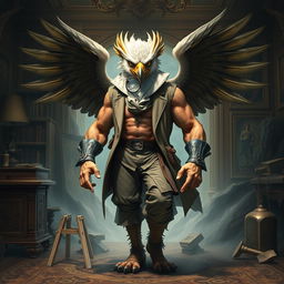 An Aracocra eagle folk character embodying both the elegance of a gentleman scientist explorer and the untamed fury of a barbarian