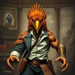 An Aracocra eagle folk character embodying both the elegance of a gentleman scientist explorer and the untamed fury of a barbarian