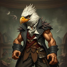 An Aracocra eagle folk character embodying both the elegance of a gentleman scientist explorer and the untamed fury of a barbarian