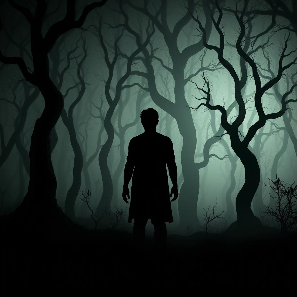 A shadowy silhouette standing in a dark and eerie forest